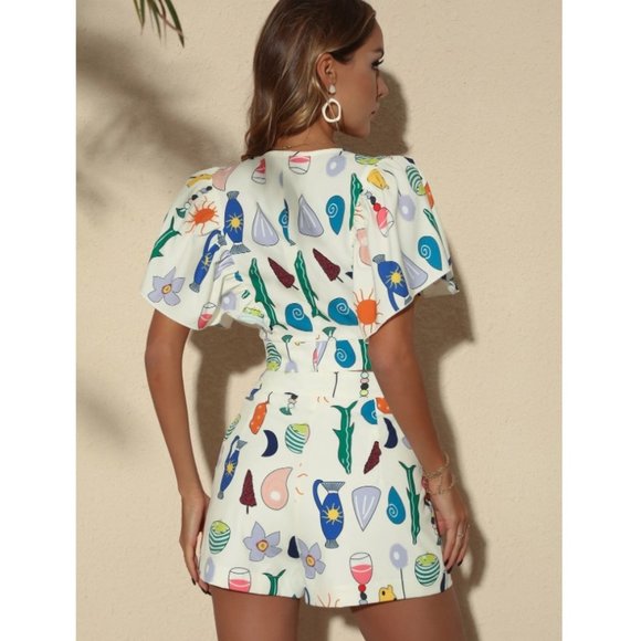 Sun & Floral Print Flutter Sleeve Top & Shorts - Shein - Picture 3 of 4
